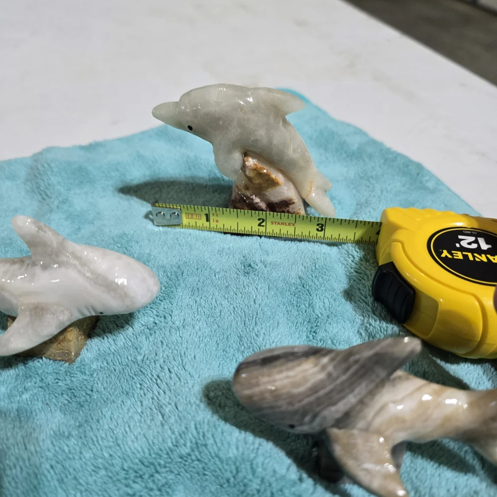 Grey and White Marble Carved Shark And Dolphins.
